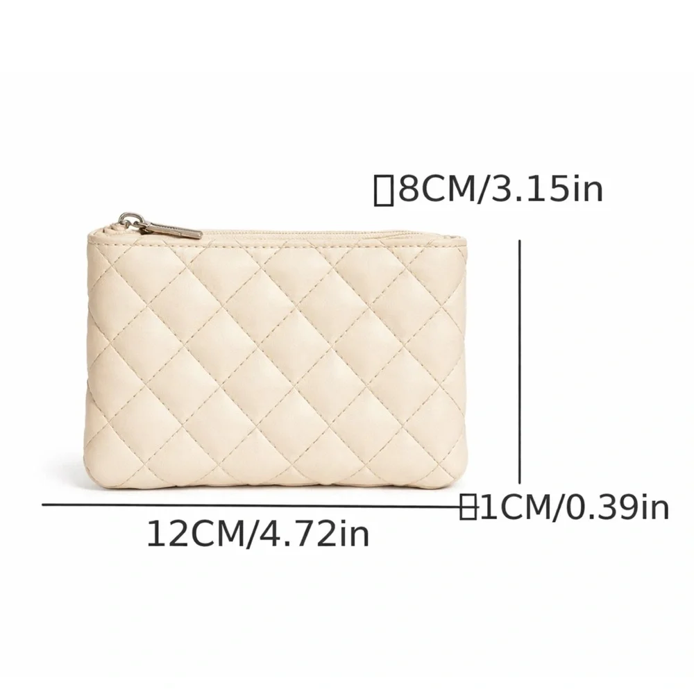 Cream Quilted Mini Zip Pouch Coin Purse Card Wallet Organizer